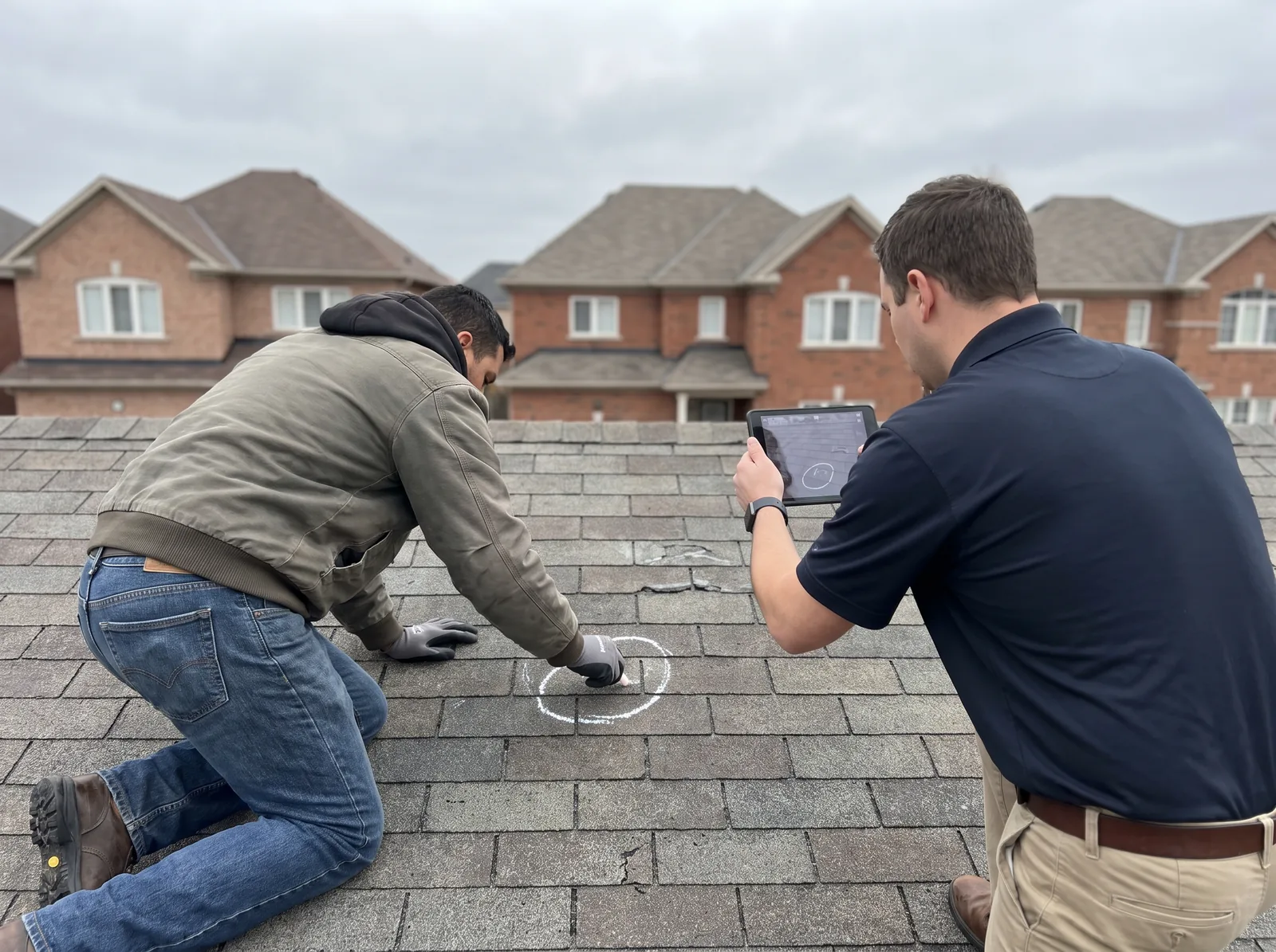 Roofing contractor and an insurance adjuster on a shingle roof marking hail hits with chalk and photographing them