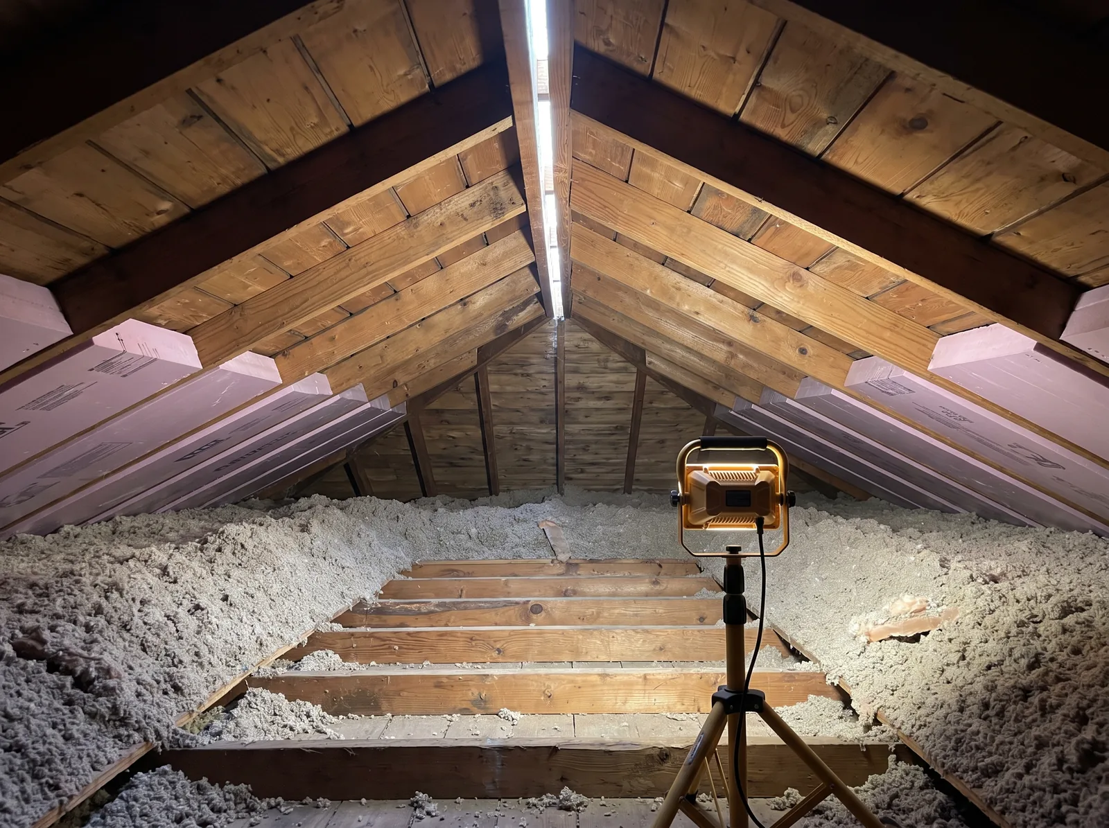 Attic with new ventilation baffles at the eaves and a ridge vent slot cut along the peak, insulation pulled back