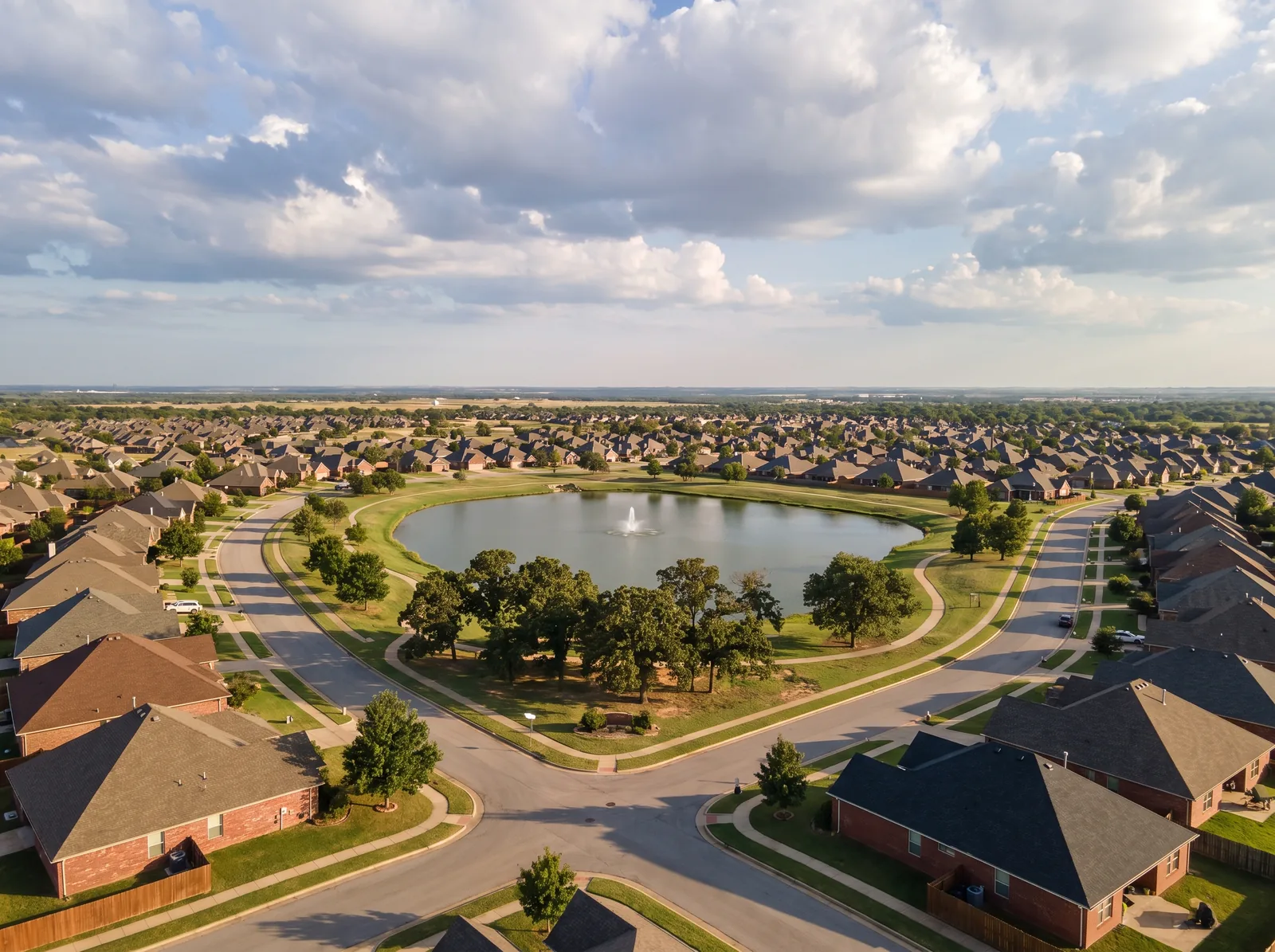 Aerial view of a Broken Arrow neighborhood: rows of brick homes with shingle roofs, ponds and greenbelt under a wide Oklahoma sky