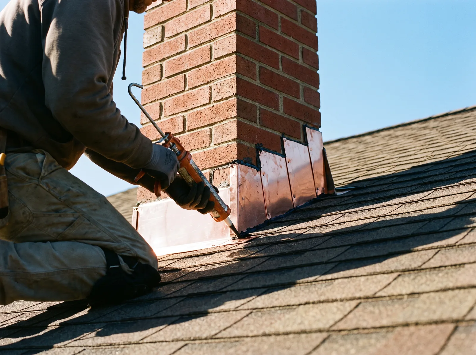 Roofer resealing step flashing where a brick chimney meets an asphalt shingle roof, caulk gun in hand